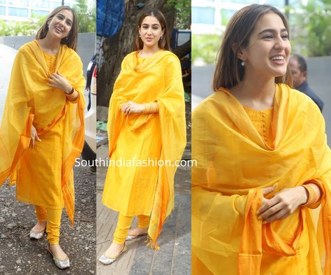 Sara Ali Khan attended Diwali Puja at Karan Johar's office wearing a simple yellow cotton salwar suit paired with matching bangles and gold juttis. She looked nice! Yellow Cotton Suit, Sara Ali Khan Suits, Simple Salwar Suits, Yellow Suit Indian, Yellow Salwar Suit, Yellow Suits, Yellow Salwar, Diwali Puja, Simple Suit