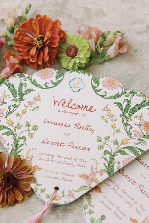 Bright Colors and Garden Party Style at Ringling Museum of Art Garden Party Wedding Stationary, Colorful Garden Party Wedding, Modern Garden Party Wedding, Wedding Table Stationary, Bridesmaid Invite Ideas, Summer Pastel Wedding, Garden Party Wedding Reception, Outdoor Ceremony Decorations, Aesthetic Invitations