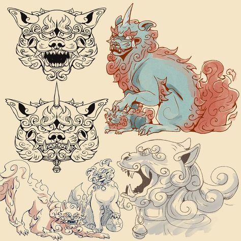 Japanese Monster Concept Art, Foo Dog Character Design, Komainu Art, Japanese Animals, Lion Illustration, Fu Dog, Japanese Drawings, Lion Dog, Traditional Japanese Art