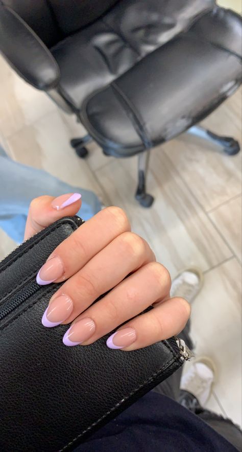 Almond Nails Color Ideas French Tip, Aesthetic Lilac Nails, Oval Shaped Acrylics, Light Purple Almond French Tip Nails, Cute Basic French Tip Nails, Almond Short Acrylics, Nail Ideas Almond Shape Short, Colored French Tip With Chrome, Nails Acrylic Colored Tips