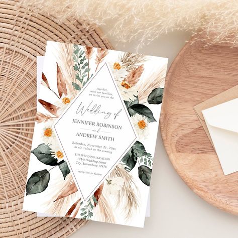 $2.85 | Boho Copper Pampas Grass & Beige Floral Wedding Invitation #wedding #floral #modern #boho #bohemian #beige #pampas #grass #copper #terracotta Boho Elegant Wedding, Desert Boho Wedding, Tropical Boho Wedding, Bohemian Invitation, Boho Glam Wedding, Chalkboard Writing, Wedding Announcement Cards, Bohemian Theme, Wedding Invitations Boho