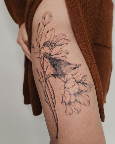 Bird Thigh Tattoo, Fine Line Tattoo, Line Tattoo, Bird Tattoo, Thigh Tattoos Women, Birds Tattoo, Fine Line Tattoos, Ink Illustrations, Line Tattoos