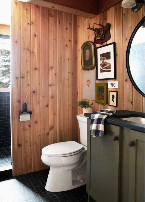 Downstairs Cabin Bathroom Reveal - The Faux Martha Funky Cabin Interior, Cabin Bathroom Inspiration, Bear Theme Bathroom, Lake Cabin Bathroom Ideas, Mountain Cabin Renovation, Knotty Pine Cabin Decor, Cabin Bathroom Tile, Vintage Cabin Bathroom, Modern Rustic Cabin Decor