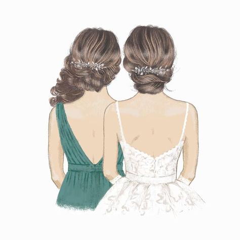 Bridesmaid or sister of the bride hand d... | Premium Vector #Freepik #vector #watercolor #hand #girl #hair Bride And Maid Of Honor Illustration, Bride And Bridesmaid Illustration, Wedding Ceremony Places, Fluff Hair, Bride Cartoon, Peach Wedding Bouquet, Sister Of The Bride, Blonde Bride, Bride Sister