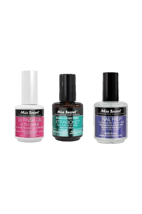 MIA SECRET - 3pc. UV Finish Gel Ultra Shine (0.5oz), Xtrabond Primer (0.5oz), and Nail Prep (0.5oz) Gel Nail Prep, Gel Nail Equipment, Acrylic Nails Kit Products, Acrylic Nails Supplies Products, Acrylic Nails Tools Products, Professional Acrylic Nail Kit, Nail Prep, Nail Primer, Acrylic Nails At Home