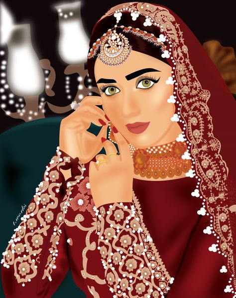 Bride Illustration Art, Indian Hijabi Bride, Bride Illustration, Bride Cartoon, Islamic Printables, Bride Fashion Illustration, Arabian Wedding, Jannat Mirza, خواتم خطوبة