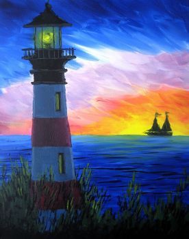 Beautiful lighthouse with a gorgeous view (180 pieces) Lighthouse Painting, Lighthouse Art, Picasso Paintings, Paint Nite, Soyut Sanat Tabloları, Rainbow Light, Simple Acrylic Paintings, Night Painting, Light House