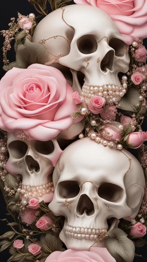 Experience elegance with these stickers featuring pale pink skulls, roses & pearls. 🌹💀. The soft pink hue enhances every detail on #chicstickers. Collect yours now! Skulls Flowers Tattoo, Pink Skull Aesthetic, Soft Goth Wallpaper, Rose Iphone Wallpaper, Gothic Backgrounds, Skeleton And Flowers, Pink Skull Wallpaper, Misfits Tattoo, Pink Alt