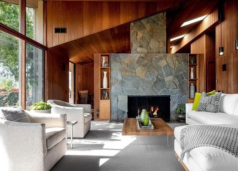 James Morris’ Hope Ranch Residence is a Celebration of Iconic Modernism - Mid Century Home Midcentury Modern Fireplace, Mid Century Fireplace, Stone Fireplace Wall, Family Room Addition, Room Addition, Mid Century Home, Modern Mountain Home, Midcentury Home, Century Home