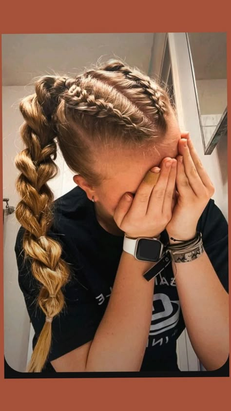 French Braided Ponytail Hairstyles, 2 Braids Into 1 Braid, One Rubber Band Hairstyles, B Ball Hairstyles, Braided Hairstyles Wet Hair, Dutch Braided Half Up Half Down Hair, Cute Hairstyles For Track Meets, Hairstyles For Tumbling, Bubble Braid Volleyball Hairstyles