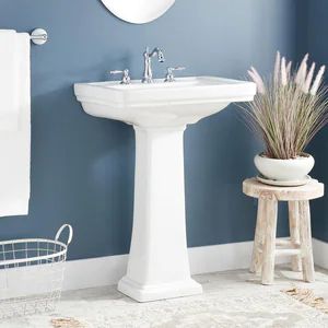 Signature Hardware Key West 24" Vitreous China Pedestal Bathroom Sink with 3 Faucet Holes at 8" Centers - SH447985 - Ferguson Corner Pedestal Sink, Pedestal Sink Ideas, Small Pedestal Sink, Powder Room Pedestal Sink, Key West Colors, Modern Pedestal Sink, Pedestal Sink Bathroom, Pedestal Bathroom Sink, Wall Mount Sink