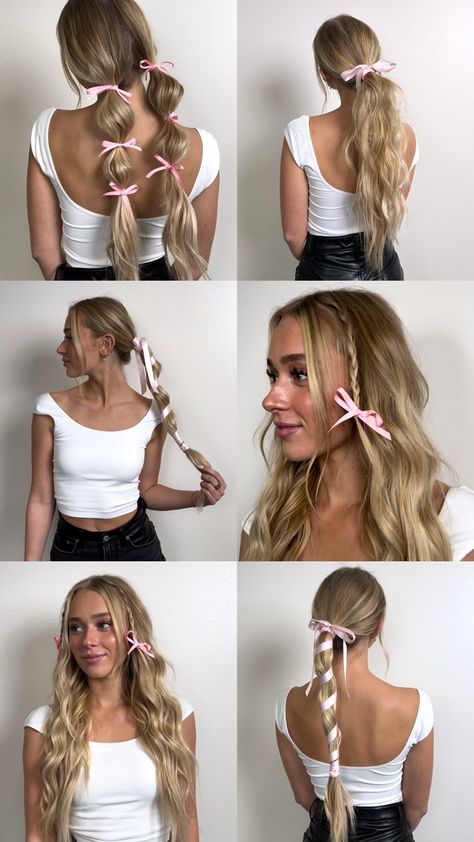 Ways To Put Ribbon In Your Hair, School Hairstyles With Ribbon, Ribbon On Hair Ideas, Pink Bows In Hair, Hairstyles To Do With Ribbon, Hair Inspo With Bow, Simple Hairstyles With Ribbon, Cute Hair With Ribbon, Christmas Ribbon Hairstyles