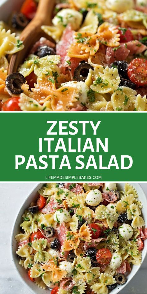 This fresh, flavorful zesty Italian pasta salad is loaded with all the favorites - mozzarella, olives, tomatoes, salami, and of course, pasta! #pastasalad #salad #italianpastasalad #sidedish #pasta Zesty Italian Pasta Salad, Salad Italian, Italian Pasta Salad, Cold Pasta Salad, Cold Pasta, Pasta Salad Recipe, Pasta Salad Italian, Italian Dressing, Italian Pasta