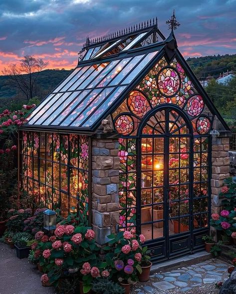 Plant House Aesthetic Exterior, Garden Old House, Conservatory Window Ideas, Unique Stained Glass Windows, Real Tiny House, House Astethic Types, Large Home Garden, Beautiful Green Houses, Dreamy Houses Exterior