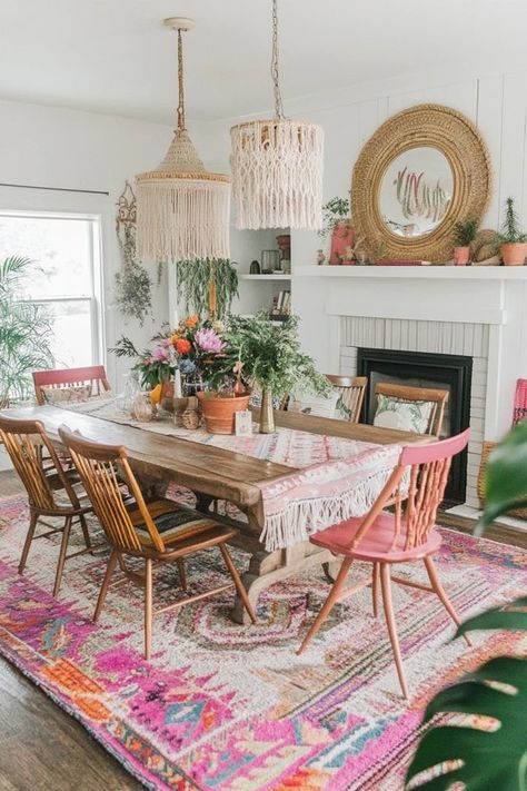 "Create a free-spirited space with a Boho Style Dining Room! 🍽️🌿 Perfect for adding layers, textures, and eclectic vibes. 🌟✨ #BohoDiningRoom #BohemianDecor #HomeInspiration" Boho Chic Dining Table, Colorful Eclectic Dining Room, Colorful Boho Dining Room, Apartment Table And Chairs, Dark Boho Dining Room, Eclectic Kitchen Table, Anthropologie Dining Room, Large Dining Room Ideas, Dining Room Entryway Combo