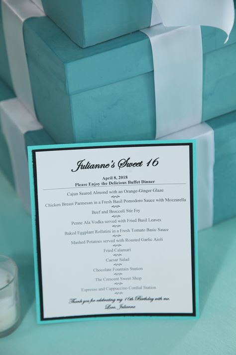 Tiffany Sweet 16 Birthday Dinner Menu Sweet Sixteen Menu Ideas, Sweet 16 Menu Ideas Food, Sweet 16 Birthday Dinner, Tiffany Sweet 16, Birthday Dinner Menu, Fried Basil, Eggplant Rollatini, Roasted Garlic Aioli, Mozzarella Chicken