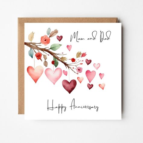 Happy Anniversary Mum and Dad Card, Anniversary Card for Parents, Watercolour Branch with Hearts. by TigersOnTheLoose on Etsy Anniversary Card Parents, Happy Anniversary Diy Cards, Handmade Anniversary Card Ideas, Happy Anniversary Watercolor Cards, Watercolour Anniversary Card, Watercolor Anniversary Cards Diy, Anniversary Painting Ideas For Him, Anniversary Card Ideas For Parents, Diy Anniversary Cards For Parents