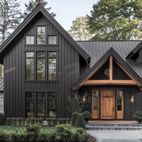 Grey Exterior House With Black Trim, Black Siding Brown Roof, Dark Color Houses Exterior, Charcoal House With Wood Accents, Dark Green And Brown House Exterior, Black House Brown Trim, Black House With Wood Trim, Exterior Paint That Looks Like Wood, Woodscapes Exterior Stain