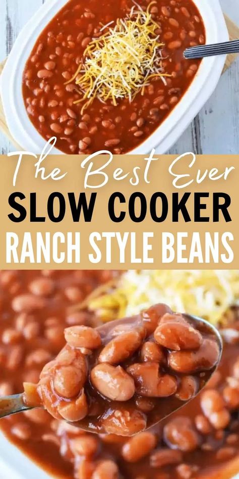 Everyone will love these simple Slow Cooker Ranch Style Beans. The slow cooker does all the work for this delicious and easy side dish recipe. Try Crock pot ranch style beans recipe today! #eatingonadime #sidedishrecipes #beanrecipes #crockpotrecipes #BBQrecipes Instant Pot Ranch Beans, How To Make Ranch Style Beans, Canned Ranch Style Beans Recipe Ideas, Canning Ranch Style Beans, Ranch Beans Recipe Simple, Diy Ranch Style Beans, Canned Ranch Style Beans Recipes, Ranch Beans Crockpot, Crockpot Kidney Bean Recipes