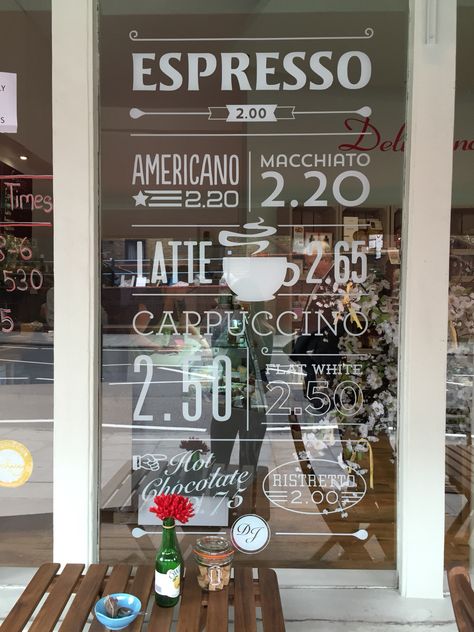 Price list/ window decor idea Bistro Signage, Mc Cafe, Coffee Window, Glass Sticker Design, Coffee Sticker Design, Cafe Signage, Cafe Window, Window Brands, Cafe Concept