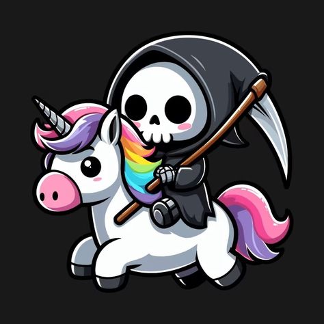 Cute Reaper Riding Unicorn - Reaper - T-Shirt | TeePublic Halloween Backgrounds Cute, Cute Reaper, Spotify Marketing, Grim Reaper Images, Cute Grim Reaper, Kawaii Spooky, Tattoos Tiny, Libra Art, Cute And Creepy