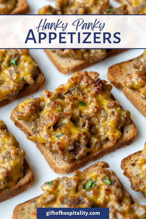 Hanky Panky Appetizers, also known as Polish Mistakes, Sausage Snacks, and SOS, are a creamy, cheesy hot appetizer served on toasted rye. These are always a crowd favorite! Sausage Snacks, Polish Mistakes, Sausage Appetizers, Bread Appetizers, Hot Appetizers, Meatless Main Dishes, Meat Appetizers, Appetizers Easy Finger Food, Best Appetizer Recipes