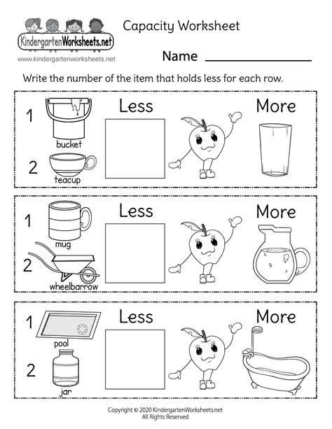 Students have to determine which objects hold the least amount of liquid in each row and then write the correct number in the box. This free printable capacity worksheet can help kids gain a better understanding of how much liquid different containers can hold. Capacity Worksheets Grade 2, Capacity Worksheets For Kindergarten, Capacity For Kindergarten, Capacity Kindergarten, Capacity Activities, Kindergarten Measurement, Capacity Worksheets, Teacch Activities, Volume Worksheets