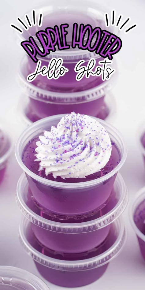 Purple Hooter Jello Shots Purple Jell-o Shots, Purple Treats For Party, Purple Jello Shots Recipe, Purple Appetizers, Purple Alcoholic Drinks, Purple Jello Shots, Halloween Jello Shots Alcohol, Halloween Pregame, Grape Jello Shots