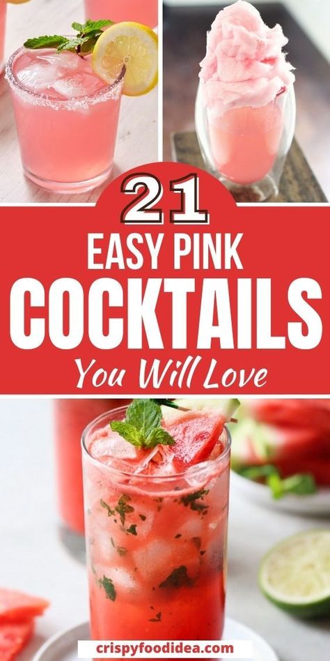 These easy pink cocktails are best for holidays and celebrating any occasion. Pink Drink Alcohol Recipe, Girly Alcoholic Drinks Easy, Pink Wine Drinks, Simple Pink Alcoholic Drinks, Mothers Day Alcoholic Drinks, Pink Cocktails For Party, Pink Brunch Drinks, Galentines Party Alcoholic Drinks, College Cocktail Recipes