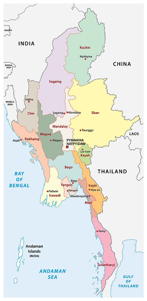 Regions of Myanmar Map Myanmar Map, Myanmar Flag, Naypyidaw, Singapore Map, Bus Skin, Martyrs' Day, Asia Continent, Travel International, Andaman Islands