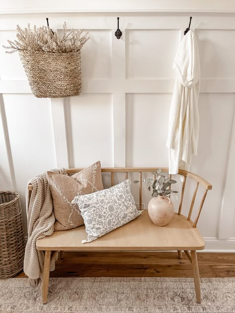 Front entryway | bench styling | target bench | home decor | neutral home | cozy entryway Bench Entryway Farmhouse, Bench Pillows Entryway, Front Hallway Bench, Accent Bench Entryway, Wooden Bench Indoor Entryway, Small Entrance Bench Ideas, Entryway And Hallway Ideas, White Entryway Bench, Bench At Bottom Of Stairs