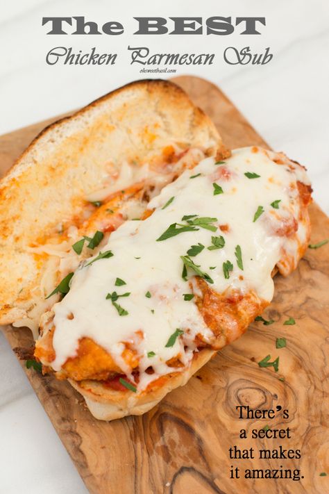 The best chicken Parmesan subs ever! You have to try them. ohsweetbasil.com Chicken Parmesan Hoagie, Chicken Parm Hoagie, Sandwiches On Hoagie Rolls, Garlic Bread Chicken Parm Sandwich, Chicken Parmesan Subs, Subs Recipes Sandwiches, Chicken Parmigiana Sandwich, Oh Sweet Basil Recipes, Chicken Parm Sandwich Recipe