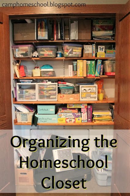 Organizing the Homeschool Closet - I'll show you my best tip for remembering and actually using what's in the closet. @camphomeschool Homeschool Closet, Space Classroom, Homemaking Tips, Homeschool Room, Closet Layout, Catholic Family, Homeschool Organization, Study Rooms, In The Closet