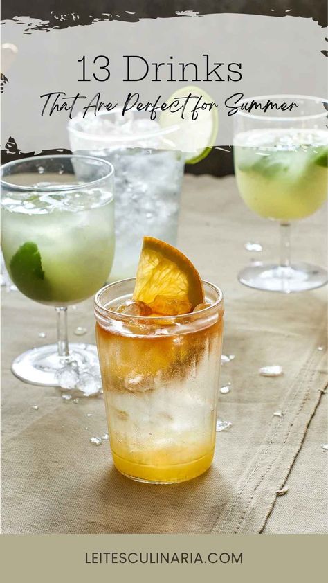 These 13 refreshing summer drinks and cocktails include summer drinks with alcohol and nonalcoholic options. Find your new perfect summer drink from this easy collection of summer drink recipes. Lake Drinks Alcohol Summer, Simple Summer Mixed Drinks, Summer Alcoholic Drinks Pitcher, Frozen Summer Cocktails, Sweet Tea Cocktail, Summer Acholic Beverages, Girls Night Drinks, Cocktails Made With Gin, Summer Drink Cocktails