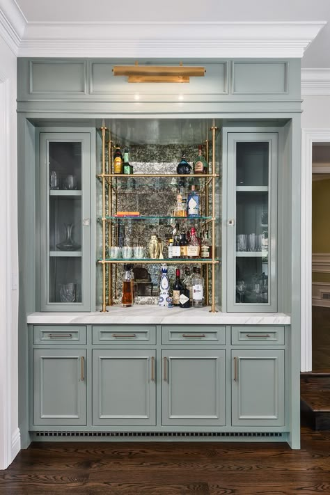 Bar Niche, Built In Bar Cabinet, Color In Interior Design, Bistro Shelving, Pantry Door Ideas, Bar Shelving, Bar Nook, Gray Room, Home Wet Bar