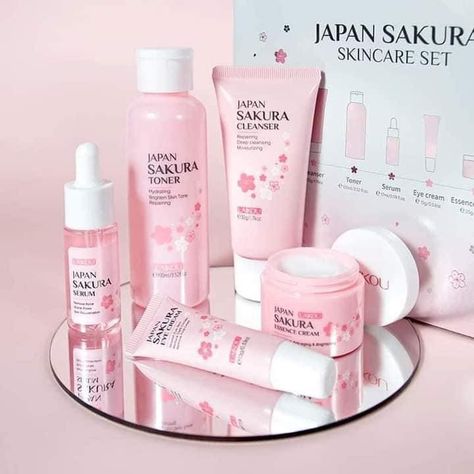 Japan sakura skincare set ❤️ Japan Sakura, Makeup Hacks Beauty Secrets, Face Care Routine, Makeup Accesories, Skin Secrets, Brighten Skin Tone, Skin Care Kit, Cosmetic Skin Care, Drawings Simple