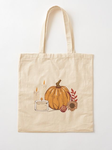 "Fall Harvest - Pumpkin, Flowers, and Candles" Tote Bag by SMillustrations | Redbubble Fall Tote Bags Diy, Fall Shopping Tote Bag, Canvas Tote Bag For Fall Shopping, Fall Tote Bag Painting Ideas, Trendy Halloween Tote Bag, Fall Tote Bag, Paint And Drink, Fall Tote, Painted Tote