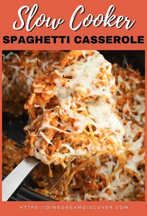 Slow Cooker Spaghetti Casserole Recipe | DINE DREAM DISCOVER Spaghetti Casserole In Crockpot, Crockpot Spaghetti With Cream Cheese, Spaghetti In Crockpot Slow Cooker, Slow Cooker Spaghetti Casserole, Crockpot Baked Spaghetti Slow Cooker, Spaghetti Casserole Crockpot, Spaghetti Recipes Crockpot Ground Beef, Baked Spaghetti In Crockpot, Slow Cooker Church Supper Spaghetti