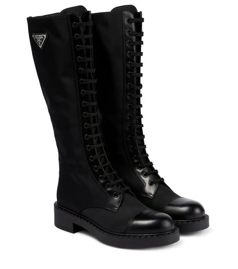 Prada - Re-Nylon and leather knee-high boots | Mytheresa Prada Knee High Boots, Uzun Boy, Boots Prada, Prada Boots, Knee High Boots Flat, Prada Sneakers, Leather Knee High Boots, Knee High Leather Boots, Hijabi Fashion