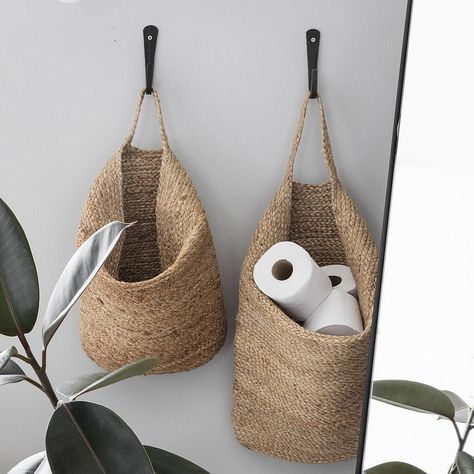 Scandinavian Laundry Room, Bathroom Basket Storage, Earthy Aesthetic, Wall Hanging Storage, Wall Hanging Basket, Natural Baskets, Laundry Room Inspiration, Water Hyacinth, Laundry Room Decor