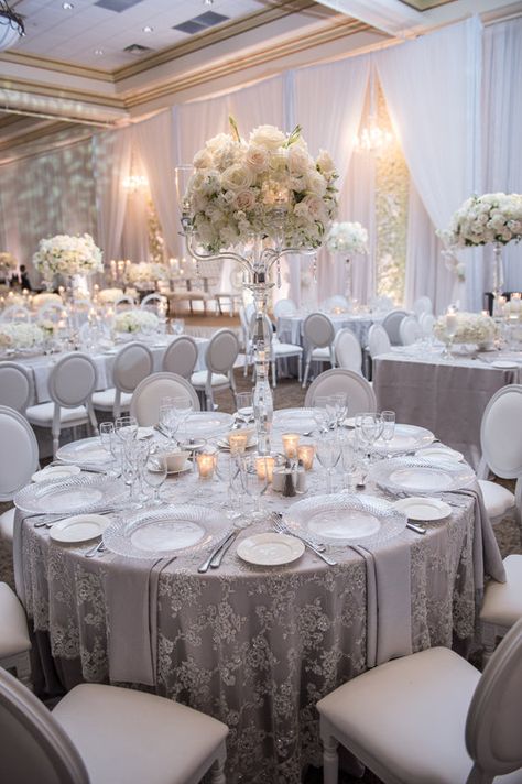 Stunning floral centerpiece! Photo Credit: Krista Fox Fifty Shades Wedding, White Silver Wedding Decor, Silver Quince, Silver Wedding Reception, White And Silver Wedding, Grey Wedding Theme, White Silver Wedding, Quince Decor, Wedding Reception Layout