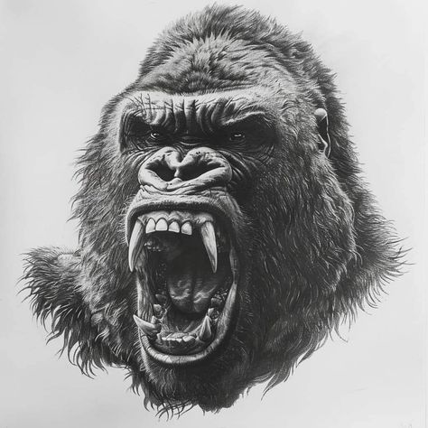 Gorilla Snarling, Angry Gorilla Drawing, Gorilla Back Tattoo, Gorilla Face Tattoo, Gorilla Art Drawing, Angry Gorilla Tattoo, Silverback Gorilla Tattoo, Gorilla Chest Tattoo, King Kong Tattoo