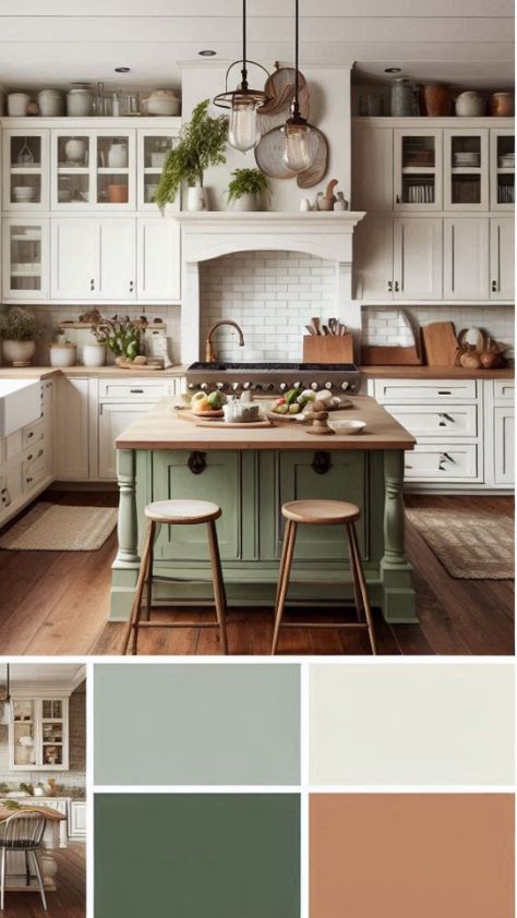 If you’re looking for a budget-friendly way to update your kitchen, resurfacing your cabinets might be the perfect solution. In this comprehensive guide, we’ll show you how to give your cabinets a fresh, modern look without the cost of a full kitchen renovation. Whether you want a sleek, minimalist finish or a bold, colorful transformation, this DIY project is an affordable way to upgrade your space. Farmhouse Accent Colors, Earthy Color Palette Kitchen, Vintage Kitchen Colors, Different Color Kitchen Island, Earthy Kitchen Color Schemes, Farmhouse Kitchen Color Scheme Ideas, Kitchen Inspo Color Schemes, Green Kitchen White Cabinets, Green Kitchen Color Scheme