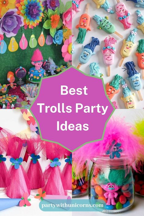 60 Best Trolls Party Ideas - Party with Unicorns Trolls Sensory Bin, Trolls Band Together Party Favors, Rock Trolls Birthday Party Ideas, Trolls Disco Party, Trolls Party Snacks, Trolls Birthday Activities, Trolls Party Food Ideas, Trolls Birthday Food Ideas, Trolls Birthday Party Activities