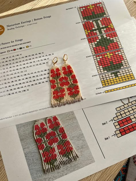 This listing is for a digital pattern of my original seed bead earring design called Nasturtium. Your purchase does NOT include instructions or supplies, but you can find a full tutorial to accompany this project on my YouTube channel, https://www.youtube.com/@snailsandfairydust With your purchase, you will receive a 2 Page PDF with a supply list and the exact bead count needed as well as the product numbers for the specific size 11 Delica beads used in the design. I can't wait to see what you c Beading Patterns On Fabric, Seed Bead Stitches, Loom Bead Earrings, Beading Earrings Patterns, How To Beaded Earrings, Seed Bead Jewelry Patterns Free, Beading Patterns Earrings, Seed Bead Patterns Tutorials, Bead Earrings Diy Tutorials