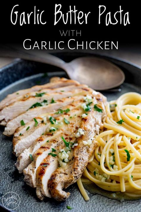 This Garlic Butter Pasta with Garlic Chicken is easy to make and is packed with plenty of buttery garlicky flavors. The simple Italian pasta is cooked with a delicious garlic butter sauce and has no cream in it. Served with juicy grilled chicken breasts, topped with more garlic butter, this is a family friendly dinner.  #chickenpasta #garlicpasta Ayam Mentega, Garlic Butter Noodles, Garlic Butter Pasta, Pasta With Garlic, Juicy Grilled Chicken, Garlic Chicken Pasta, Easy Pasta Sauce, Resep Pasta, Butter Pasta