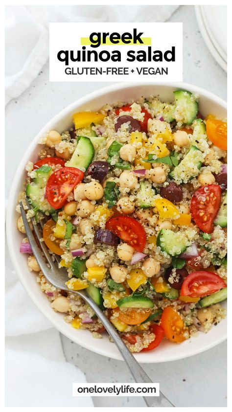 My Big Fat Greek Quinoa Salad recipe is packed fresh vegetables, fluffy quinoa & a lemony dressing--perfect for picnics, bbqs & more! The bright colors and bold flavors of this healthy quinoa salad make it the perfect meal prep lunch or summer side dish to all your grilled favorites. Try it with grilled chicken for more protein, or serve it as a vegetarian summer side dish! Protein Summer Salad, Protein Side Dishes, Quinoa Salad Recipes Cold, Quinoa Lunch, Summer Meal Prep, Lemony Dressing, Healthy Quinoa Salad, Greek Quinoa, Fluffy Quinoa