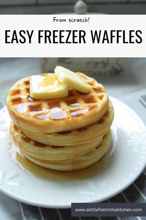 A stack of 4 small, golden waffles sits on a white plate. Two pats of butter rest on top of the waffle stack and the waffles are covered in glistening maple syrup.  A butter crock, a small pitcher and two forks are slightly blurred in the background. This picture focuses  more on the top of the waffle stack. Freezing Homemade Waffles, Freezable Waffle Recipe, Diy Freezer Waffles, Homemade Frozen Waffles, Simple Waffle Mix Recipe, Diy Frozen Waffles, Freezer Waffles Homemade, Make Ahead Waffles For A Crowd, Frozen Waffle Recipes