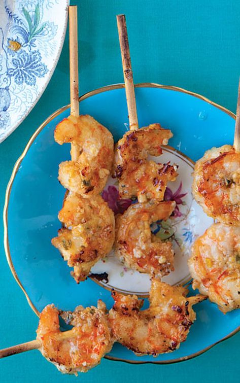 Satay Udang (Shrimp Satay) Recipe | Saveur Shrimp Satay Recipe, Shrimp Satay, Summer Appetizers, Satay Recipe, Skewer Recipes, Shellfish Recipes, Shrimp Dishes, Macadamia Nuts, Baking Ideas