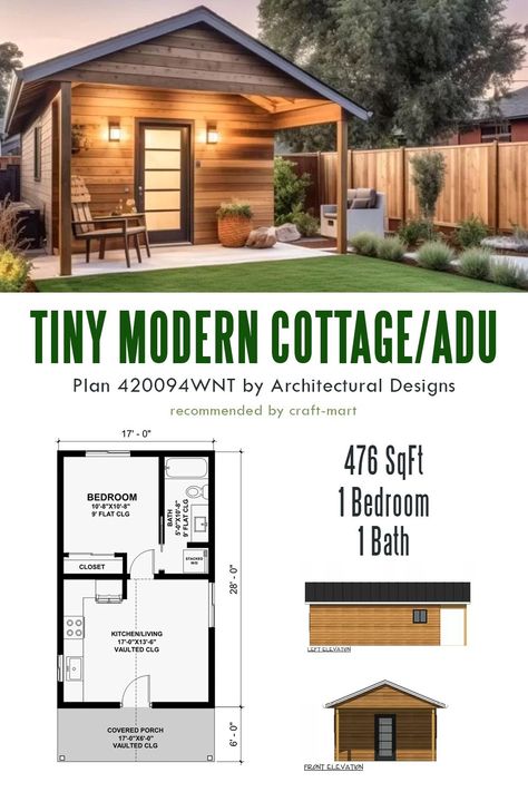 Enjoy a simpler life in this tiny cottage. Whether you need a place to escape, a guest house, or mother-in-law quarters, this 17' wide house plan will fit any lot. Rv As A Guest House, Backyard Trailer Guest House, She’d Guest House, Backyard Guest House Plans, Backyard Cottage Guest House, Shed Guest House With Bathroom, Tiny Bunk House, Mother In Law Suite Ideas, Casitas Guest House